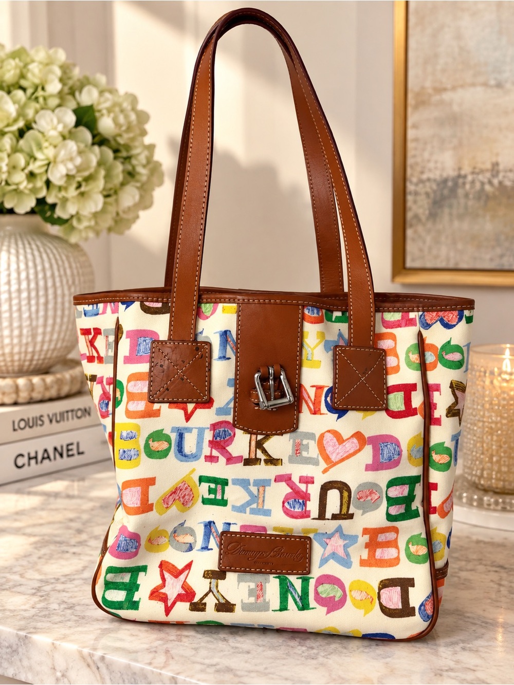 Dooney & Bourke Multicolor Letter-Print Canvas Tote with Brown Leather Trim